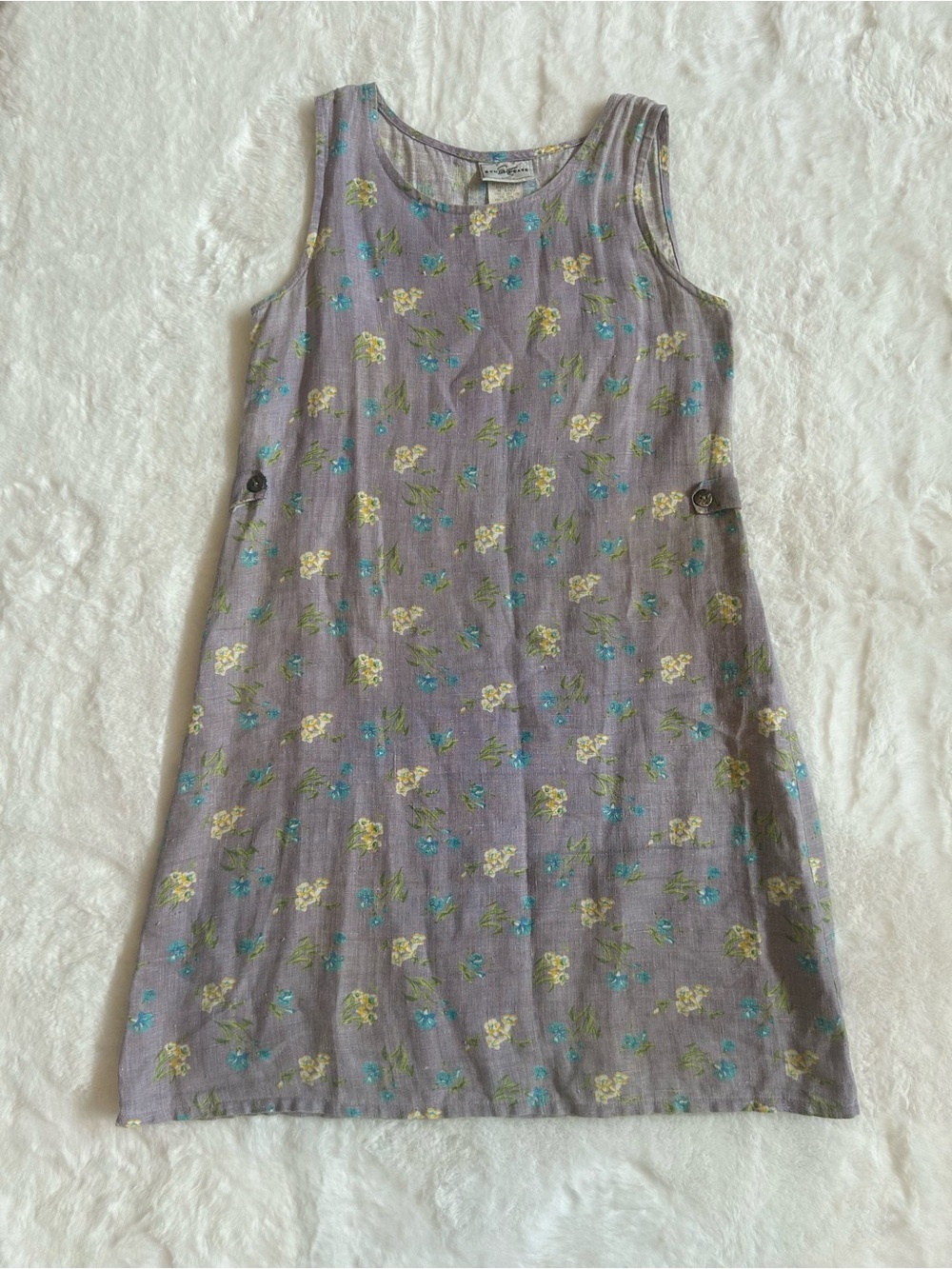 Vintage Mervyns Studio Ease Linen Sleeveless Lavender Floral Casual Shift Dress